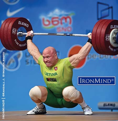Aunimas Didzbalis got under this 189-kg world record attempt in the snatch, but could not control the bar and he missed the lift. IronMind® | ©Randall J. Strossen photo