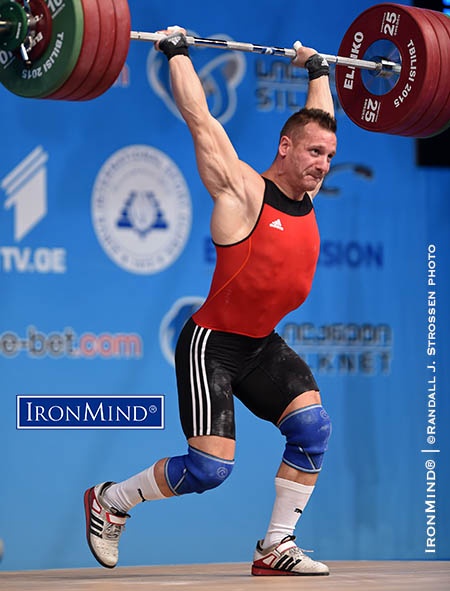 Benjamin Hennequin won the gold medal in the clean and jerk and in the total, in the 85-kg class at the 2015 European Weightlifting Championships. IronMind® | ©Randall J. Strossen photo