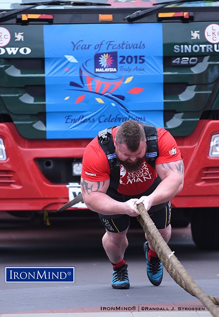 Eddie Hall on the Truck Pull, a World’s Strongest Man classic. Broadcasts of World’s Strongest Man 2015 begin tonight on CBS Sports. IronMind® | ©Randall J. Strossen photo