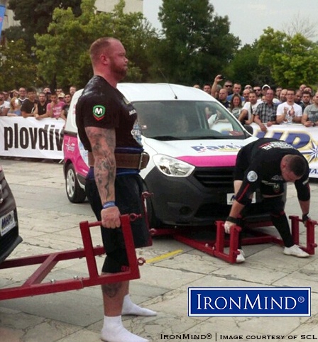 Hafthor Julius Bjornsson (left) squares off with Matjaz Belsak (right) in the deadlift at SCL Bulgaria, where The Mountain prevailed and took home another strongman title. IronMind® | Image courtesy of SCL