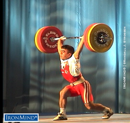 Halil Mutlu hit this 160-kg clean and jerk at the 1998 World Weightlifting Championships, where he swept all three gold medals in the 56-kg class. IronMind® | ©Randall J. Strossen