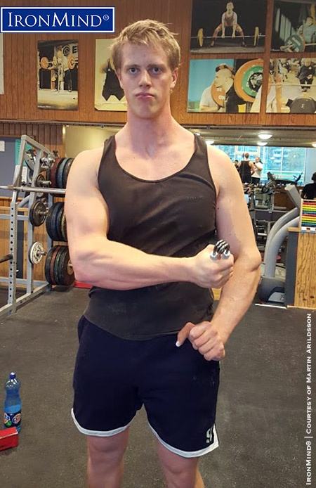 Modestly calling him a “young and tall powerlifter,” Hugo Karlsson crushed a Captains of Crush No. 3 gripper under the watchful eye of his official referee, Martin Arildsson. IronMind® | Photo courtesy of Martin Arildsson