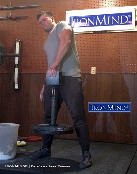 Jake Sahlaney puts the squeeze on IronMind Block Buster Pinch Grip Block, breaking the world record on each of his four attempts and ending with this huge 100.24-lb. lift. IronMind® | Photo by Jeff Parker