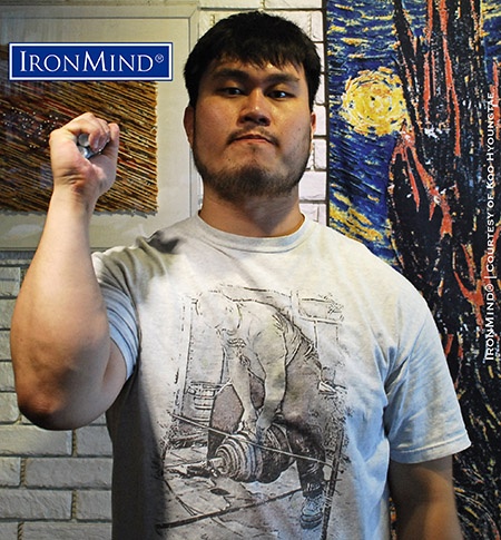 Jang Sung-hyun fought his way back from an overtraining injury to prove his world-class grip strength and has been certified on the Captains of Crush No. 3 gripper. Jang Sung-hyun is 181 cm (5’ 11”) tall and weighs 111 kg (245 lb.). IronMind® | Photo courtesy of Koo Hyoungtae