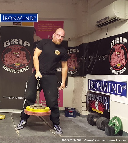 To earn his certification on the Crushed-To-Dust Challenge, Jouni Mähönen had to demonstrate his prowess with the Captains of Crush grippers, IronMind Hub and the Rolling Thunder (shown), testing both his crushing grip strength and his pinch grip strength. IronMind® | Photo courtesy of Juha Harju