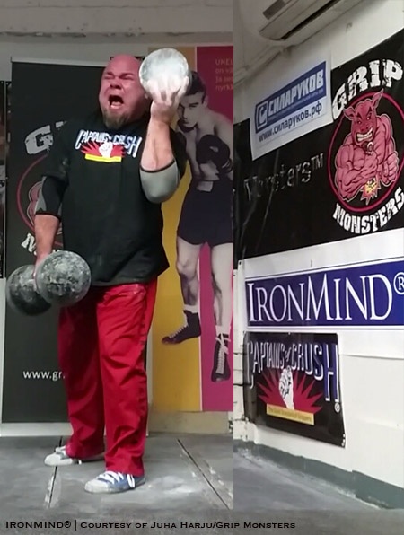 How’s this: Juha Harju deadlifts an Inch (replica) dumbbell and curls a Blob 50 at the same time. IronMind® | Photo courtesy of Juha Harju/Grip Monsters