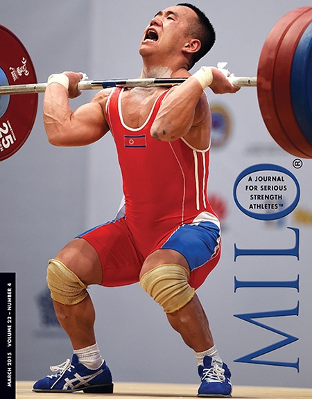 MILO 22-4 cover: North Korea's Om Yun Chol burst into the limelight when he won the gold medal at the 2012 London Olympics, a feat made even more memorable because he had lifted in the B session and his performance included a 168-kg clean and jerk, putting the 56-kg competitor into the super-elite club of triple bodyweight clean and jerkers. Next up for Om were the 2013 Asian Weightlifting Championships and the 2013 World Weightlifting Championships, both of which he won. Then in 2014, he won the Asian Games (with a performance that included a world record 170-kg clean and jerk) and a few weeks later, he made this do-or-die 168-kg clean and jerk to successfully defend his World Weightlifting Championships title. Not a bad couple of years for Om Yun Chol: five major contests and he won all of them. Randall J. Strossen photo. MILO, March 2015, Vol. 22, No. 4