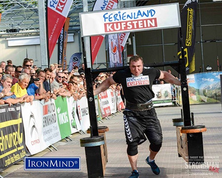 “Marius Lalas won his first Strongman Champions League in Austria. He finished first with the 400 kg (880 lb.) Yoke for 20m in 12.14 seconds.” - Aryn Lockhart, reporting from the field. IronMind® | Image courtesy of Strongman Rage