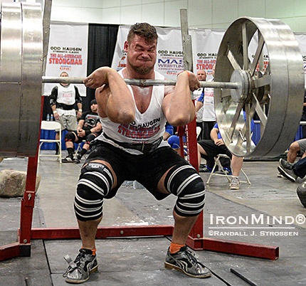 Martins Licis front squat Capping off consistently strong performances all day at the All-American Strongman, Martins Lincis won the final event—loading natural stones—in an impressive performance that also gave him the title. Martin Licis tied for first in the front squat, 230-kg front with wheels, knocking out three reps, each of which Odd Haugen called “a maximum lift.” IronMind® | Randall J. Strossen photo