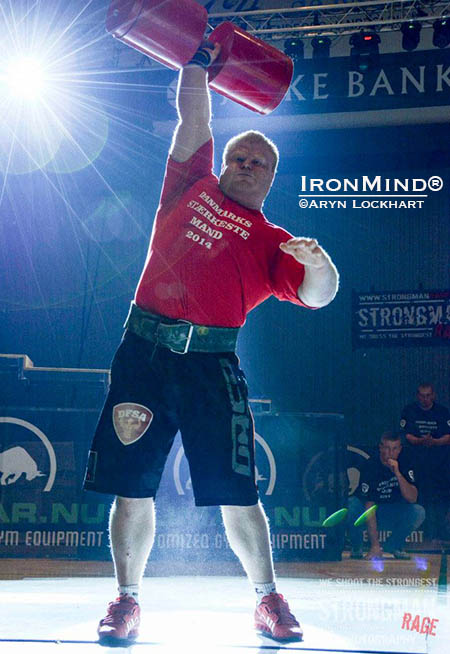 Mikkel Leicht completes eight reps with the 80-kg giant dumbbell to become the 2014 Denmark’s Strongest Man. IronMind® | Photo courtesy of Aryn Lockhart  