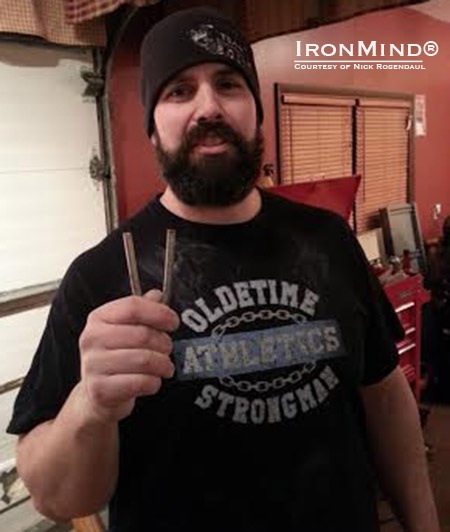 Now ten years into his bending career, Nick Rosendaul has proven his mettle by getting certified on the benchmark IronMind Red Nail. Asked by IronMind, “Is lower arm/wrist strength important in your job or hobby?” Nick Rosendaul replied, “Yes, I compete in grip and worked at the UPS hub in Columbus, Ohio.” IronMind® | Photo courtesy of Nick Rosendaul