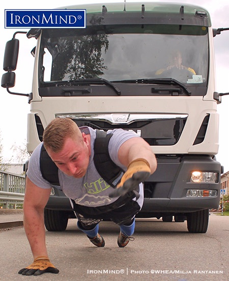 Niko Vesterinen reaches out for the finish line with the MAN truck at the 2016 WHEA Finnish Strongman/Strongwoman Championships, where he won the men’s open class. IronMind® | Photo ©WHEA/Milja Rantanen