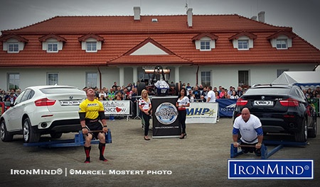 Krzysztof Radzikowski (left) and Vidas Blekaitis (right) in 360-kg Car Deadlift for reps at SCL POLAND 2015. Grzegorz Szymański won the contest, his second victory so far in the 2015 Strongman Champions League season. IronMind® | ©Marcel Mostert photo