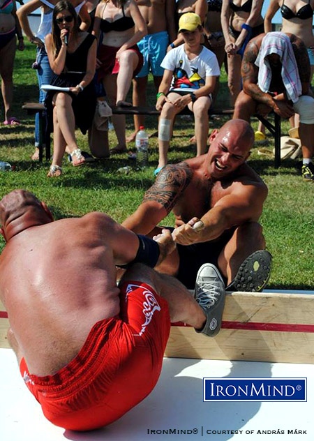 Mas wrestling pits two competitors directly against each other in something akin to a close quarters tug of war. IronMind® | Photo courtesy of András Márk/Slovak Association of Strength Athletes and Mas-Wrestling