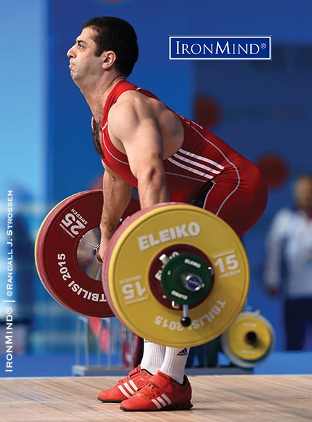 Tigran Martirosyan works on 162 kg on his third attempt in the snatch at the 2015 European Weightlifting Championships. IronMind® | ©Randall J. Strossen photo