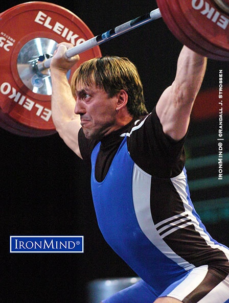 Quit is not in his vocabulary: Three times in his weightlifting career, Zlaten Vanev blew out an elbow and each time he came back. The 2007 European Weightlifting Championships (Strausbourg, France) were his last major competition—take a look at his left elbow. IronMind® | ©Randall J. Strossen photo