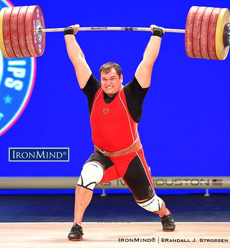 Aleksey Lovchev put away this 264-kg clean and jerk, breaking the world record in that lift as well as the total, at the 2015 International Weightlifting Federation World Championships. IronMind® | ©Randall J. Strossen photo