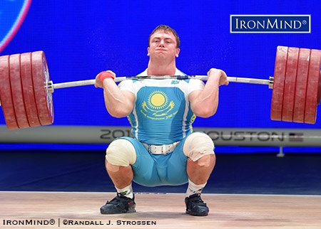 Kazakh weightlifter Alexandr Zaichikov made this 230-kg clean and jerk on his way to collecting two silver medals and one gold medal in the 105-kg category at the 2015 IWF World Championships. IronMind® | ©Randall J. Strossen photo