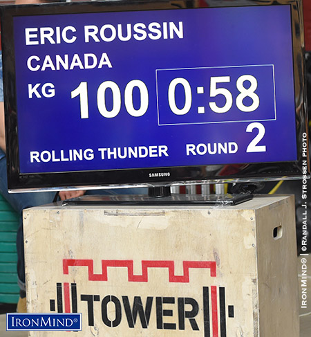 Here’s what the attempt board looked like and, incidentally, the pride of North America, Canada’s Eric Roussin, went on to make 103 kg on his third attempt, winning the Rolling Thunder in the men’s 90-kg class.