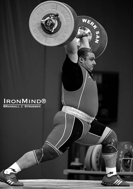 This is how close Bahador Moulaei (Iran) came to making a 261-kg clean and jerk at the 2013 World Weightlifting Championships. IronMind® | Randall J. Strossen photo