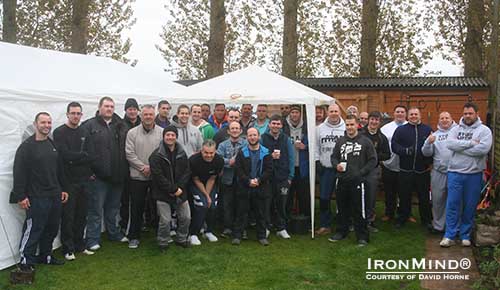 Poor weather was no challenge for the group gathered at David Horne’s British Grip Championships and arm wrestling supermatch in Stafford, England. IronMind® | Photo courtesy of David Horne. Poor weather was no challenge for the group gathered at David Horne’s British Grip Championships and arm wrestling supermatch in Stafford, England. IronMind® | Photo courtesy of David Horne.