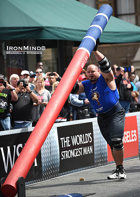Brian Shaw on the Fingal’s Fingers at the 2014 World’s Strongest Man (WSM) contest. IronMind® | Randall J. Strossen photo