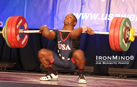 Lifting as a 14-year old in the 62-kg class at the USA Weightlifting National Championships, C.J. Cummings cleaned and jerked 153 kg for a new Senior American Record.  IronMind® | Jim Schmitz photo