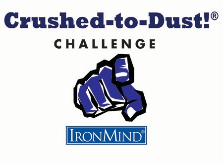 Fun to try, satisfying to conquer—the IronMind Crushed-To-Dust! Challenge recognizes excellence in all-around grip strength: closing a Captains of Crush No. 2 grippers, lifting 20 kg/45 lb. on the IronMind Hub and lifting 90 kg/200 lb. on the Rolling Thunder. Artwork courtesy of IronMind