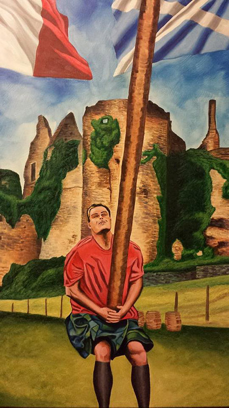 This Andrew Hobson painting depicts Highland Games star Dan McKim tossing the caber in front of the Château de Bressuire. IronMind® | Artwork courtesy of Andrew Hobson/IHGF