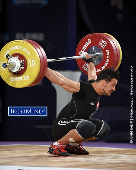 Competing in the men’s 69-kg category at the 2016 European Weightlifting Championships, Daniyar Ismayilov (Turkey) won the gold medal in the snatch on his first attempt (155 kg), followed by another good lift with 155 kg. On his third attempt, he had 161-kg up and was under the bar, but then lost the lift behind. IronMind® | ©Randall J. Strossen photo