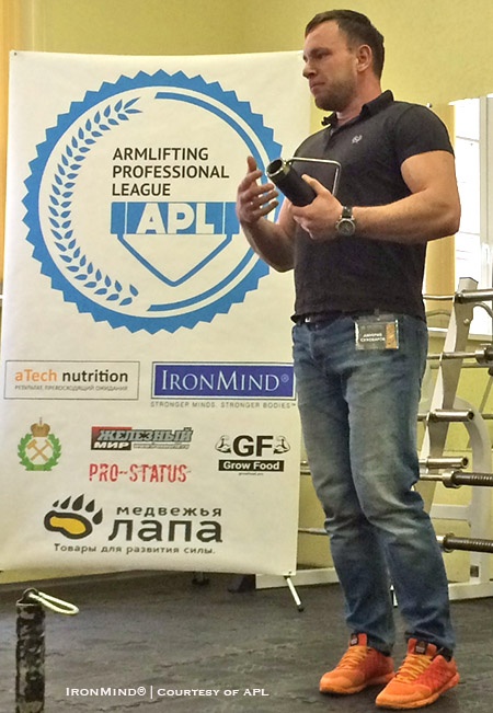 Armlifting began with the IronMind Rolling Thunder and now it also includes such grip strength standards as the Captains of Crush (CoC) Silver Bullet and Apollon’s Axle double overhand deadlift. APL’s Dmitry Suhovarov works to build the sport, via seminars and other marketing initiatives. IronMind® | Photo courtesy of APL