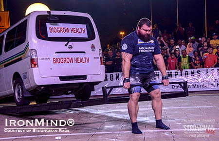 Eddie Hall on the Car Deadlift for reps at the MHP Strongman Champions League finals yesterday. IronMind® | Photo courtesy of Aryn Lockhart/Strongman Rage  