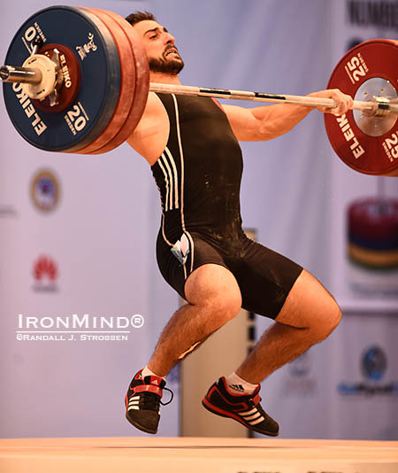 This 171-kg snatch gave Daniel Godelli the first of the two gold medals he won at the World Weightlifting Championships tonight in Almaty, Kazakhstan. IronMind® | Randall J. Strossen photo