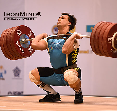 Ilya Ilyin attacked 242 kg in the clean and jerk with his characteristic ferocity—it was a good lift and gave him the gold medal in the clean and jerk as well as the total. IronMind® | Randall J. Strossen photo
