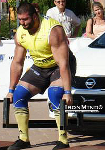 Konstantine Janashia (Georgia), shown on the Car Deadlift at Giants Live–Hungary, hopes to qualify for the 2015 World’s Strongest Man contest.  IronMind® | Courtesy of the Georgian Strongman Federation