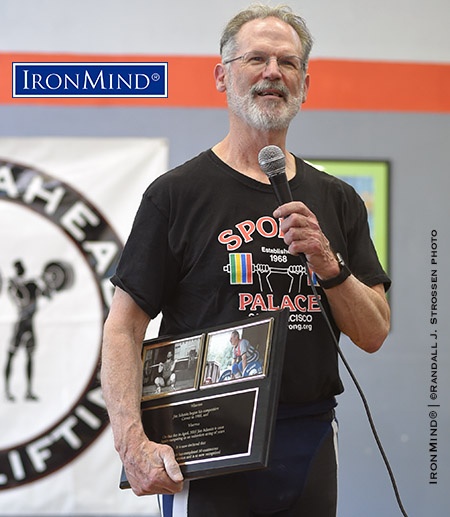 Jim Schmitz was recognized at the Rivertown Classic, where he completed a half century of weightlifting competition. IronMind® | ©Randall J. Strossen photo