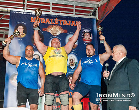 Here’s the podium from this weekend’s strongman competition in Marijampole, Lithuania, along with mayor, Vidmantas Brazys. IronMind® | Photo courtesy of Kazimieras Linkevičius