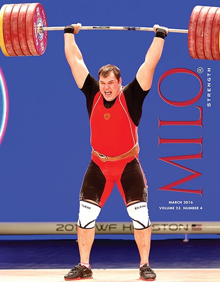 March 2016 MILO coverman Aleksey Lovchev put on a stellar show at the 2015 World Weightlifting Championships—the Russian weightlifter snatched 211 kg and then finished off his performance with this 264-kg world record clean and jerk, which also broke the super heavyweight world record for the total. IronMind® | ©Randall J. Strossen photo