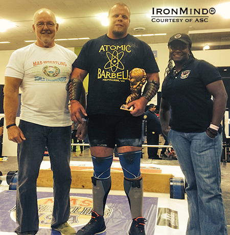 John Posen (center), flanked by Odd Haugen (left) and Dione Wessels (right), took top honors in the heavyweight class of the amateur strongman contest and thereby won his ASC pro card yesterday at the Odd Haugen Strength Classic, hosted by the FitExpo in San Jose, California.  IronMind®  Photo courtesy of ASC  
