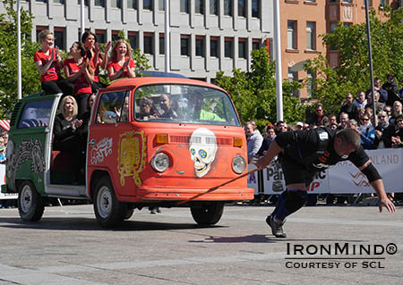 Rauno Heinla (Finland) on the Mini-Bus Pull.  Heinla is in second place after the first day of the MHP Strongman Champions League (SCL) Finland.  IronMind® | Photo courtesy of SCL