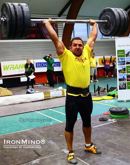Competing in the -105 kg category at the 2014 United Strongmen World Championships, Volodymyr Reksha (Ukraine) tied the world record 160-kg on the Apollon’s Axle.  IronMind® | Courtesy of photobypiia.com
