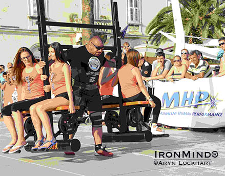 Ervin Katona completes the 430kg yoke with four ladies along for the ride. Katona wins the MHP Strongman Champions League in Croatia to take back the leader shirt with a one point lead in the overall standings. IronMind® | ©Aryn Lockhart