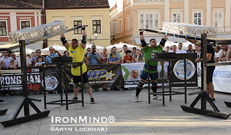 Martin Wildaur (left) and Krzystof Radzikowski (right) go head to head in the final event, 160kg Viking Press, to decide the SCL Hungary winner. IronMind® | Aryn Lockart photo