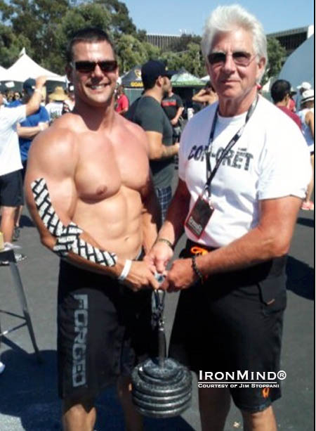 Sean Flanagan (left) and Jim Stoppani (right) at the CrossFit Games, where Flanagan’s performances on everything from the IronMind Hub challenges to knocking off easy reps with a Captains of Crush No. 2 gripper more than impressed Stoppani. IronMind® | Photo courtesy of Jim Stoppani