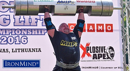 Vidas Blekaitis hits 202.5 kg, for a joint victory (with Robert Kerney) at the 2016 SCL Log Lift World Championships. IronMind® | Photo courtesy of SCL
