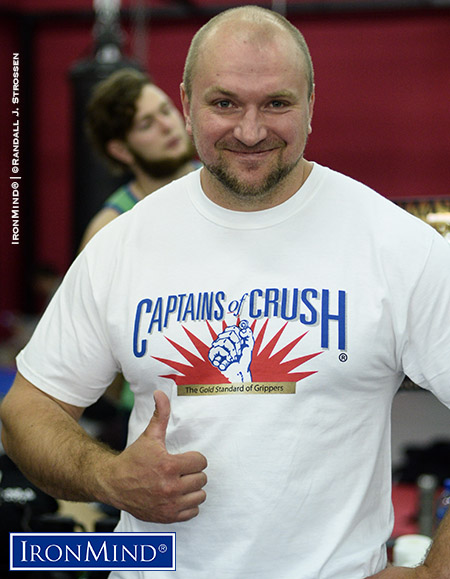 Also on hand was Aleksandr Assinowki (certified on the Captains of Crush No. 3 gripper in 2013 and the Crushed-To-Dust! Challenge also in 2013), who won the IronMind Hub with a lift of 27 kg. IronMind® | ©Randall J. Strossen photo Also on hand was Aleksandr Assinowki (certified on the Captains of Crush No. 3 gripper in 2013 and the Crushed-To-Dust! Challenge also in 2013), who won the IronMind Hub with a lift of 27 kg. IronMind® | ©Randall J. Strossen photo