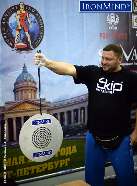 Alexey Tyukalov is a former world record holder on the CoC Silver Bullet and he won the event in St. Petersburg with a time of 46.65 seconds. IronMind® | ©Randall J. Strossen photo Alexey Tyukalov is a former world record holder on the CoC Silver Bullet and he won the event in St. Petersburg with a time of 46.65 seconds. IronMind® | ©Randall J. Strossen photo