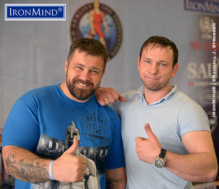 Andrey Sharkov (left) and Dmitriy Suhovara (right) organized, ran and competed in 2015 WAA Armlifting World Championships and IronMind would like to make special mention of how impressive Sharkov was in terms of training the referees and following the letter and spirit of the rules for all the IronMind events. IronMind® | ©Randall J. Strossen photo