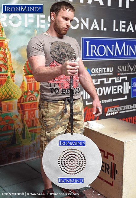 Dmitriy Suhovara proved to be a tough competitor, as well as an indefatigible, organizer: he racked up a very impressive time of 43.44 seconds on the CoC Silver Bullet hold. IronMind® | ©Randall J. Strossen photo Dmitriy Suhovara proved to be a tough competitor, as well as an indefatigible, organizer: he racked up a very impressive time of 43.44 seconds on the CoC Silver Bullet hold. IronMind® | ©Randall J. Strossen photo