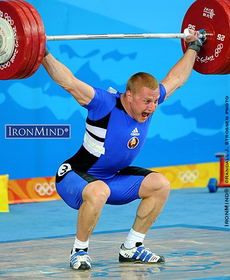 Andrei Rybakou-Beijing Andrei Rybakou (Belarus), who lost the gold medal on bodyweight in the men’s 85-kg class at the Beijing Olympics, has shown up as positive on the second wave of reanalyses—Rybakou’s silver medal performance included this 185-kg snatch. IronMind® | ©Randall J. Strossen photo